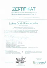 Zertifikat Geprüfter prosund Gesundheitscoach Muskel-Skelett-Gesundheit (Level 1) von Lukas Heynemeier, prosund Akademie