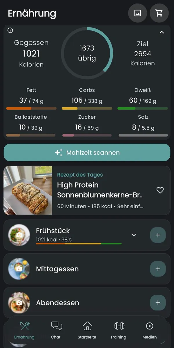 Ernährungsübersicht der Online Coach App mit Tageswerten und Mahlzeiten