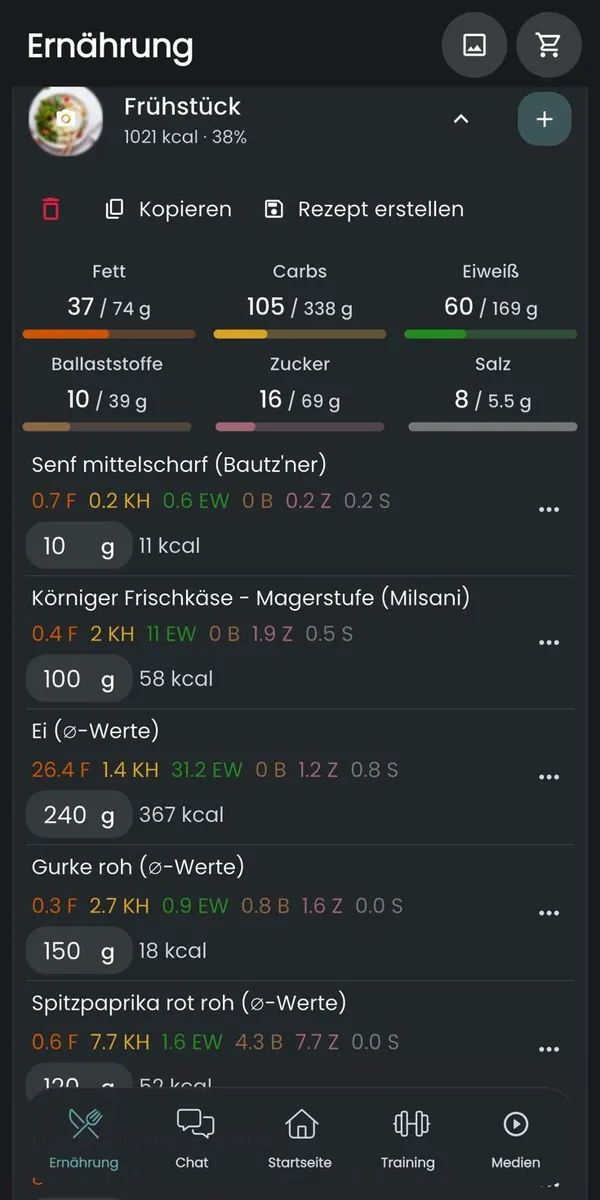 Detailansicht einer Mahlzeit in der Online Coach App mit Nährwerten je Lebensmittel