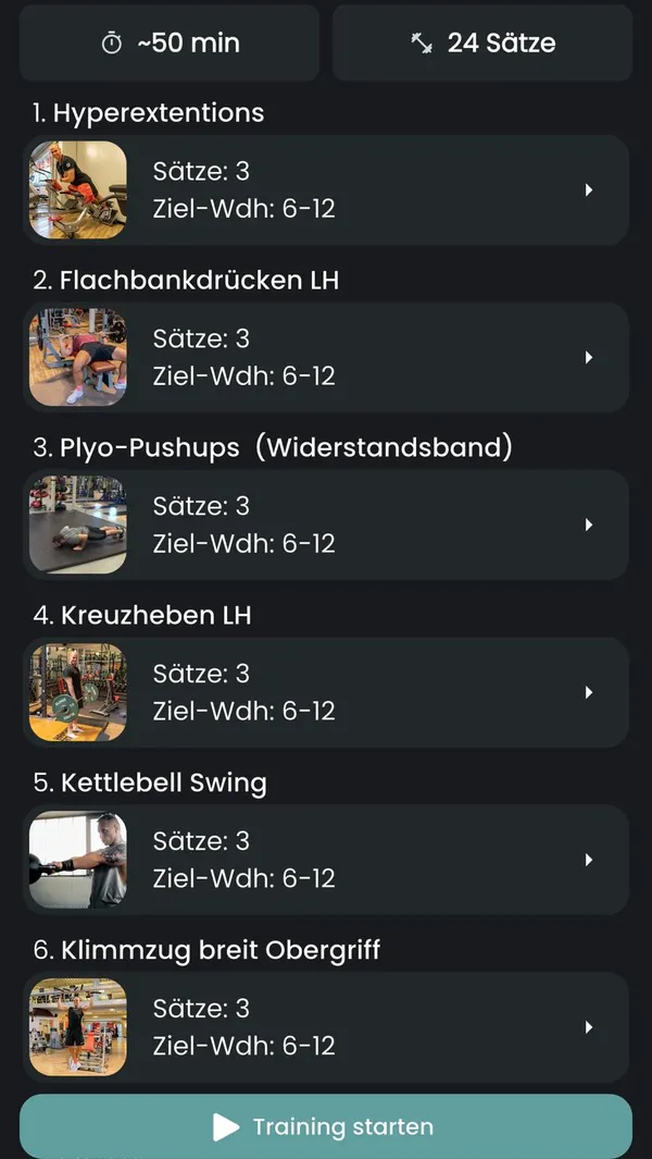 Trainingsplan in der Online Coach App mit Übungen, Sätzen und Ziel-Wiederholungen